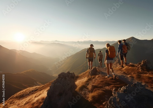 group of hikers walking at the top of mountain. Generative AI.