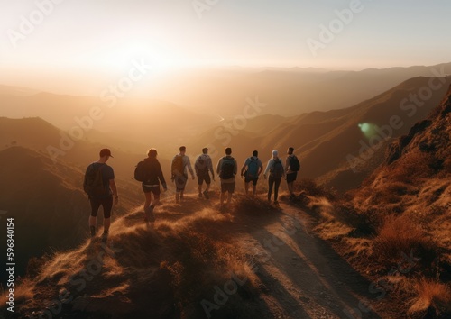 group of hikers walking at the top of  mountain. Generative AI.