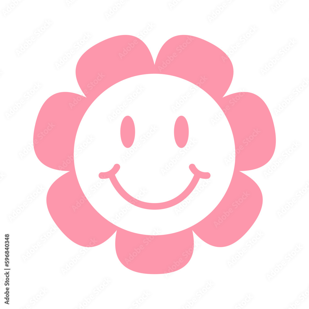 Smiling chamomile in retro style pink vector icon isolated on white. Groovy style clip art. Smiling chamomile in retro style pink vector icon isolated on white. Groovy style clip art.