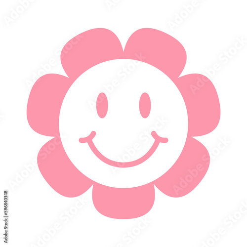 Smiling chamomile in retro style pink vector icon isolated on white. Groovy style clip art. 