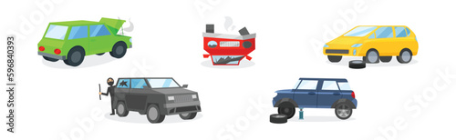 Car Crash and Accident on Road Vector Set.