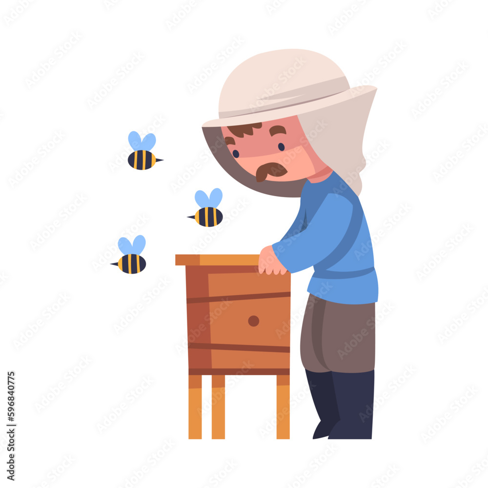 Mustached Beekeeper Near Wooden Beehive Keeping Honey Bee Engaged in Apiculture Vector Illustration Mustached Beekeeper Near Wooden Beehive Keeping Honey Bee Engaged in Apiculture Vector Illustration