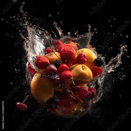 Red apple falling into water with splash on black background. Shallow depth of field