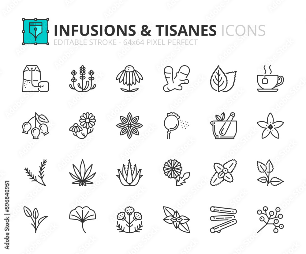 Simple set of outline icons about infusions and tisanes. Simple set of outline icons about infusions and tisanes.