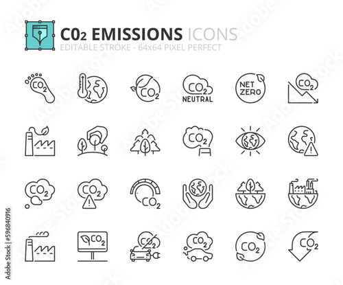 Simple set of outline icons about co2 emissions