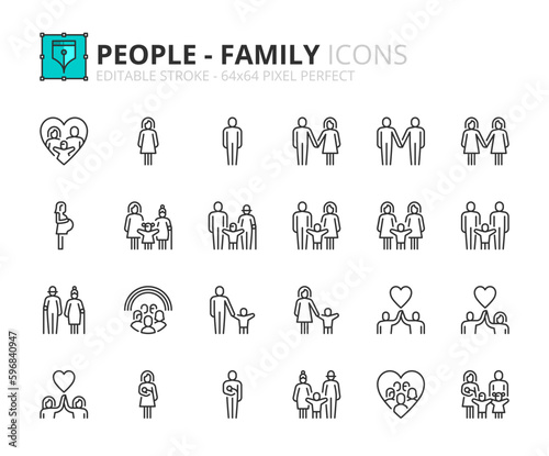 Simple set of outline icons about people, types of family structures
