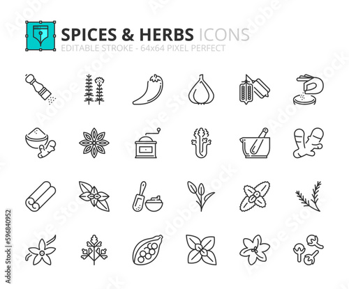 Simple set of outline icons about spices and herbs
