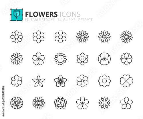 Line icons about flowers. Editable stroke Vector 64x64 pixel perfect