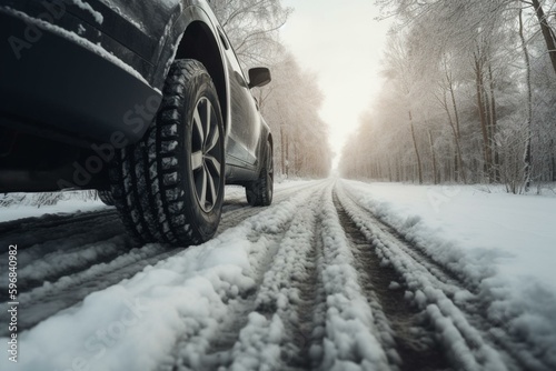 Snowy roads equipped with winter tires. Generative AI