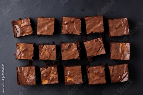 top view of several pieces of brownie cut into squares. generative ai