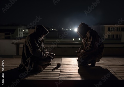 Silent two ninjas sitting at the rooftop at night. Generative AI.