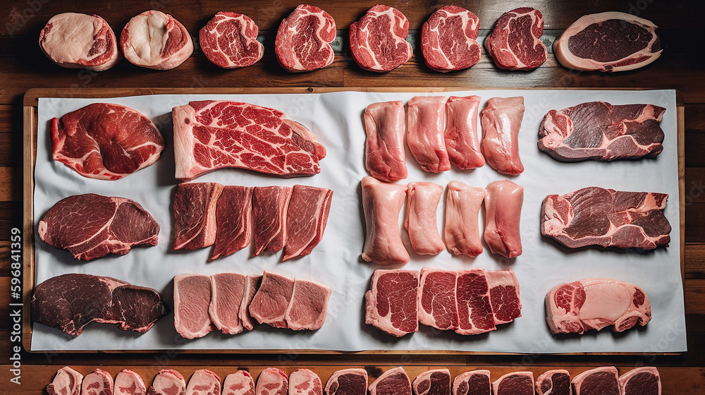 Overhead view of meat on display at a butcher shop. generative AI Overhead view of meat on display at a butcher shop. generative AI