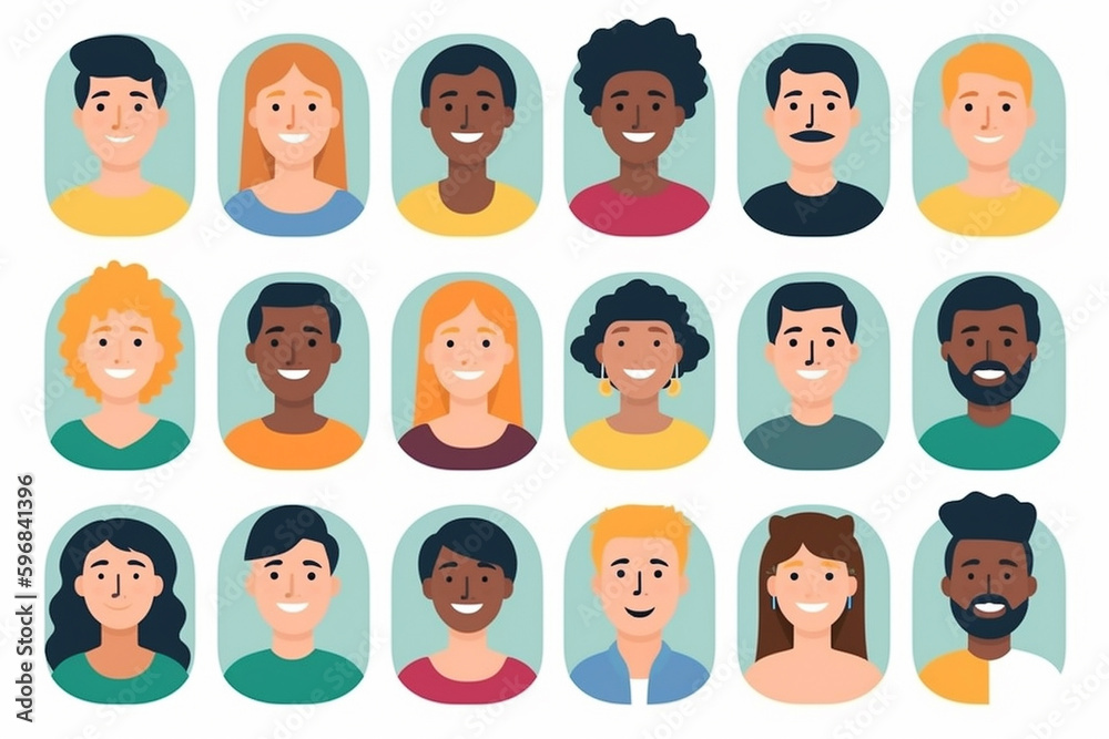 Set of illustrations featuring a diverse group of people smiling. Diversity and inclusion concept. generative AI Set of illustrations featuring a diverse group of people smiling. Diversity and inclusion concept. generative AI