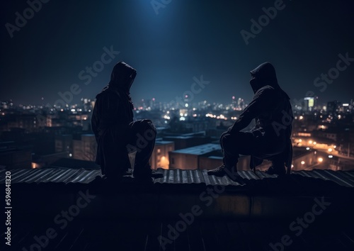 Silent two ninjas sitting at the rooftop at night. Generative AI.