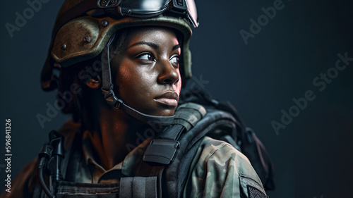 Young black woman wearing military uniform including camouflage fatigues and a helmet. She is ready for war to protect and serve her country. generative ai photo