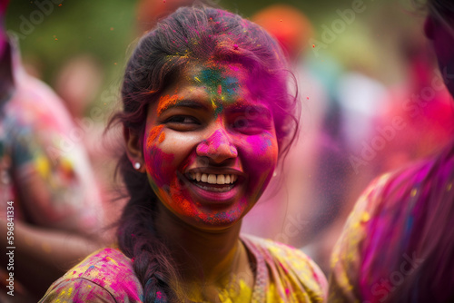 Young woman celebrating Holi in India with colorful powder on her face. generative AI