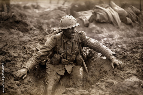 Soldier in muddy trench during war. generative ai photo