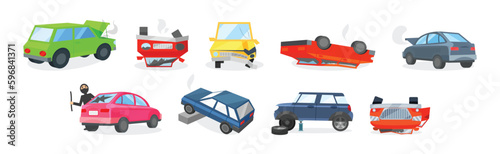Car Crash and Accident on Road Vector Set.