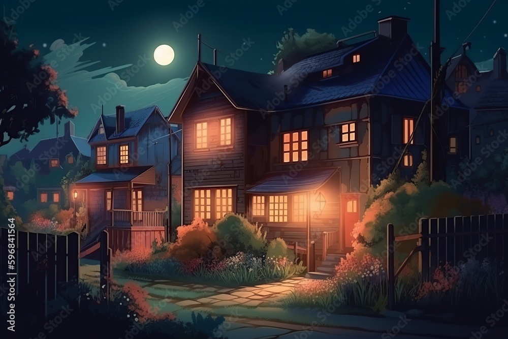 illustration, night in the village, generative ai.