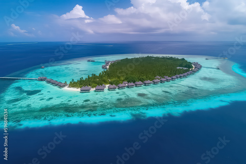 Aerial view of a tropical island in Maldive island. Luxurious over water villas on tropical resort, AI