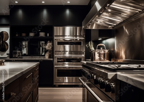 Modern minimal kitchen interior with stove. Generative AI.