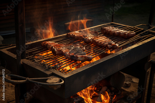 grilling steak on barbecue party, beef meat on a grill. generative ai