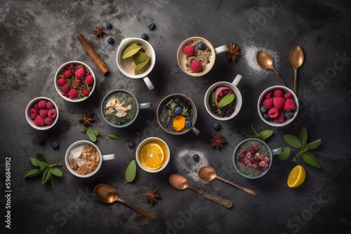 Various tea cups, dried leaves, herbs and fruits on dark stone background from above. Generative AI