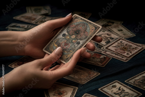 woman reads tarot cards, close-up of hands, created with Generative AI Technology