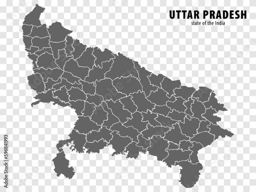 Blank map State Uttar Pradesh of India. High quality map Uttar Pradesh with municipalities on transparent background for your web site design, logo, app, UI. Republic of India. EPS10.