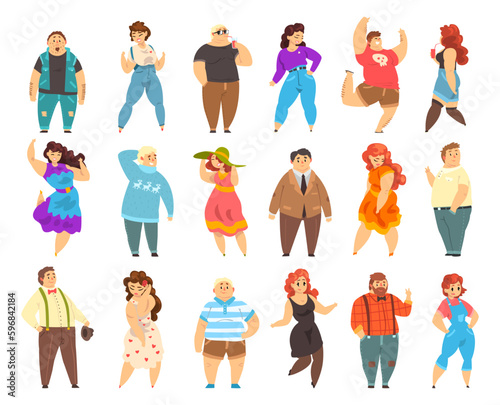 Set of plus size people. Chubby overweight men and women in fashion casual clothes. cartoon vector illustration