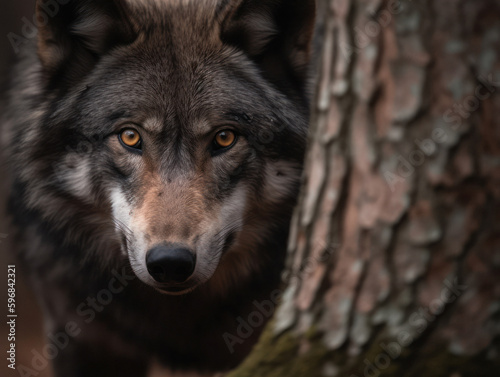 Majestic Wolf Hiding Behind Tree in Dense Forest