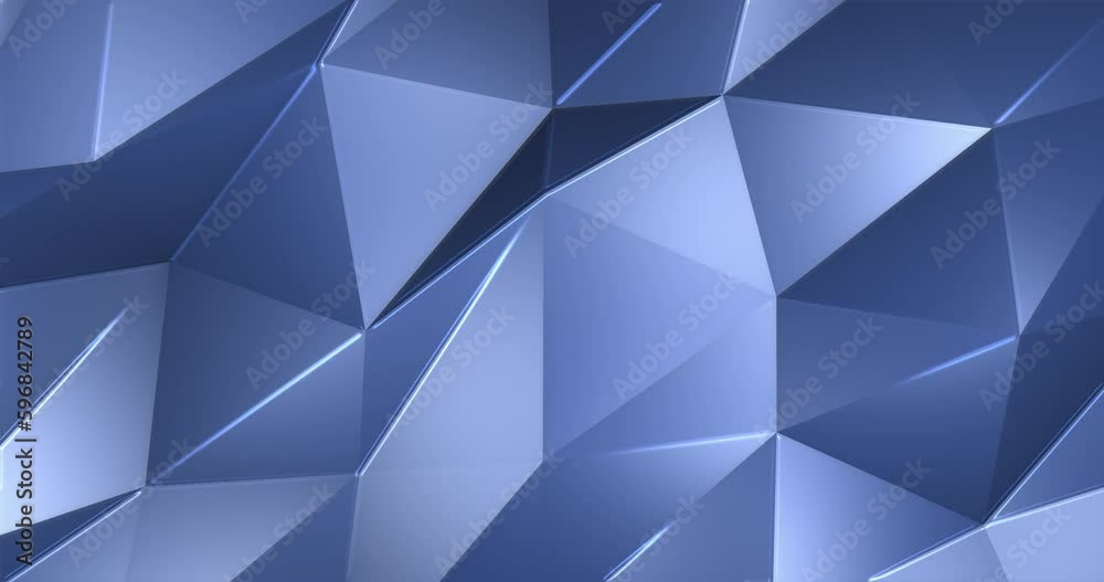 Shiny futuristic blue low poly surface background with the gentle motion of reflective polygonal triangular shapes. 4K and looping technology motion background animation.