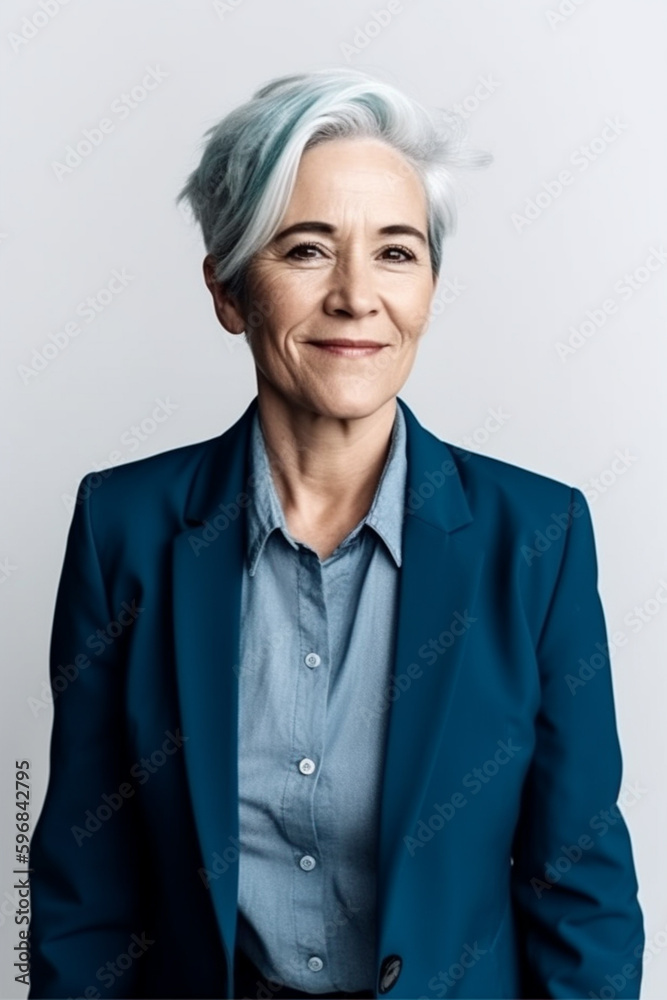Stylish caucasian retired woman with grey hair and in dark blue suit on grey background