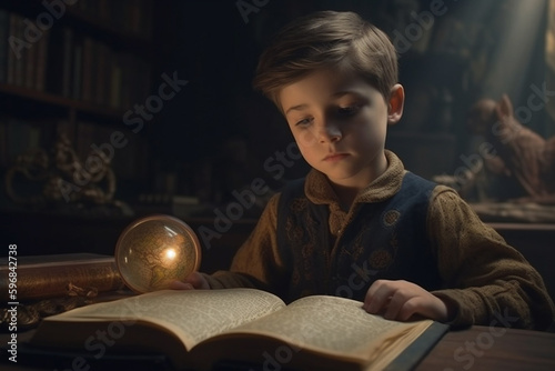 Little boy reading book. Sits at table with dark background and warm lamp light  created with Generative AI Technology