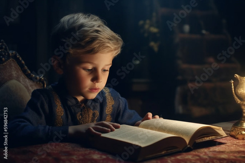 Little boy reading book. Sits at table with dark background and warm lamp light, created with Generative AI Technology