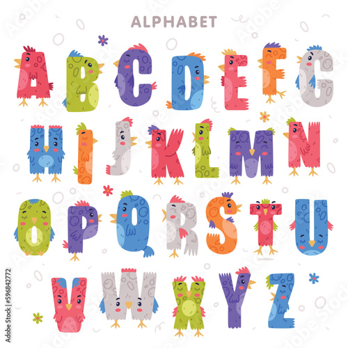 Bird alphabet capital letters. Bright colorful letters with eyes, beaks and wings cute cartoon vector illustration
