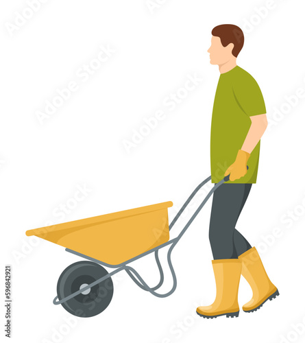 A man in rubber boots and gloves carrying a wheelbarrow isolated on a white background, side view. Vector illustration in flat style