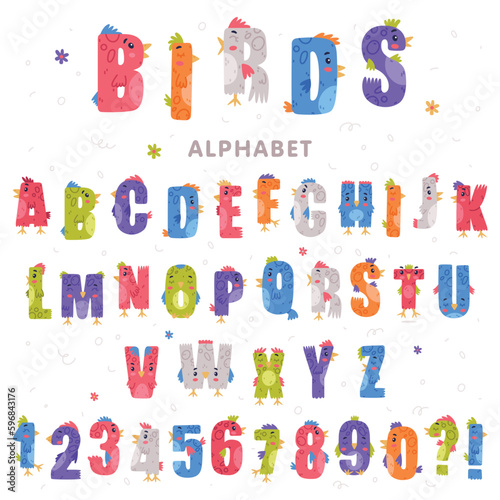 Birds alphabet. Bright colorful letters and numerals with eyes, beaks and wings cute cartoon vector illustration