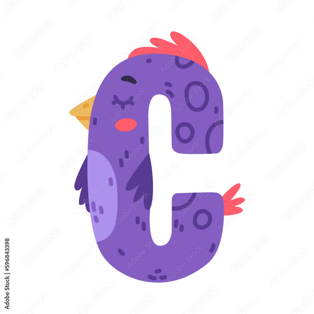 Bird alphabet C capital letter. Purple consonant letter with eyes, beak and wings cute cartoon vector illustration Bird alphabet C capital letter. Purple consonant letter with eyes, beak and wings cute cartoon vector illustration