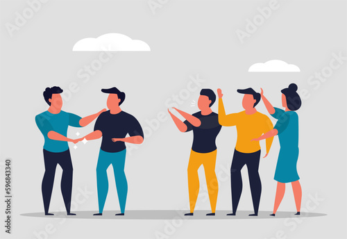 Hiring a new employee to the company. The team warmly welcomes the employee. Acquaintance of new personnel with the team and training in the team. Vector illustration