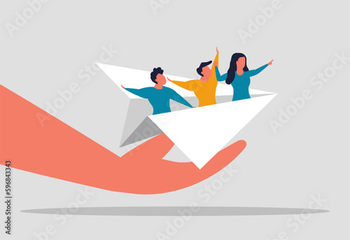 Supporting or mentoring employees in company. A helping hand in difficult times. Project manager or troubleshooting help. Job coaching and concept hand supporting paper airplane. Vector illustration