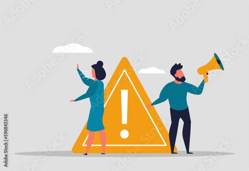 A very important announcement, a man with a megaphone and a screaming woman announce the news. Information or breaking news. Business people with an exclamation point. Vector illustration