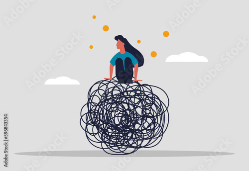 Woman trying to manage stress, keep calm. Managing emotions and inner peace of a person. Vector illustration