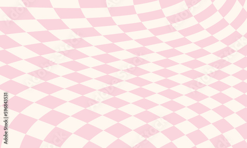 Groovy cartoon checked horizontal background. Funny waved pink wallpaper in trendy retro trippy style. Vector illustration. Hippie 60s, 70s style.