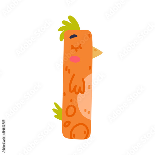Bird alphabet I capital letter. Orange vowel letter with eyes, beak and wings cute cartoon vector illustration