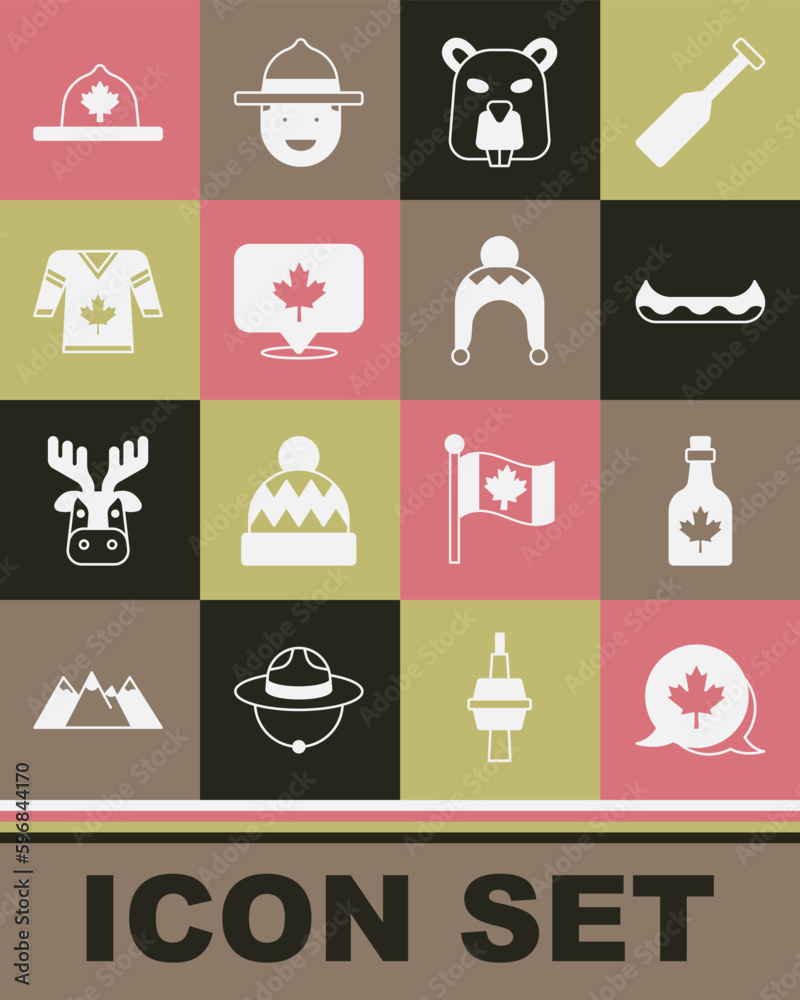 Set Canadian maple leaf, Bottle of syrup, Kayak, Beaver animal, Hockey jersey, ranger hat and Winter icon. Vector Set Canadian maple leaf, Bottle of syrup, Kayak, Beaver animal, Hockey jersey, ranger hat and Winter icon. Vector