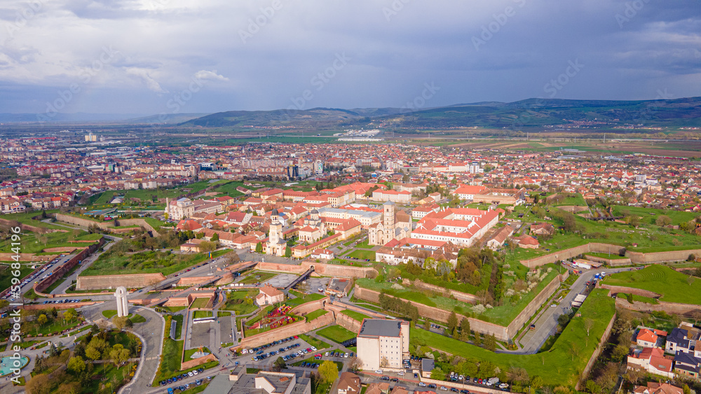Aerial view of the Alba Carolina citadel located in Alba Iulia, Romania. The photography was shot from a drone with the camera  level for a panoramic view of the star shaped citadel.