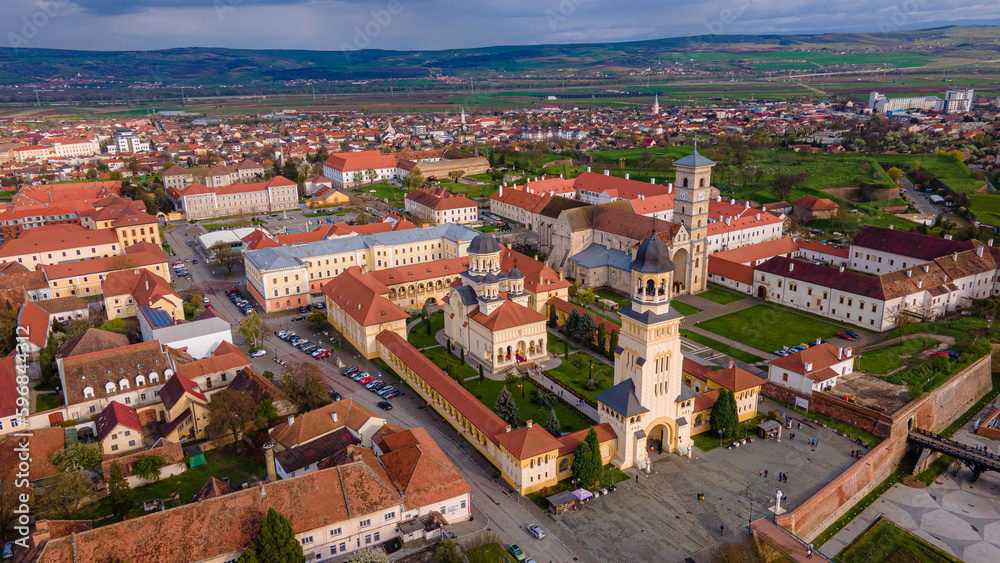 Alba Iulia, Romania. In the photography can be seen the Reunification Cathedral from above, shot from a drone with camera level for a panoramic view