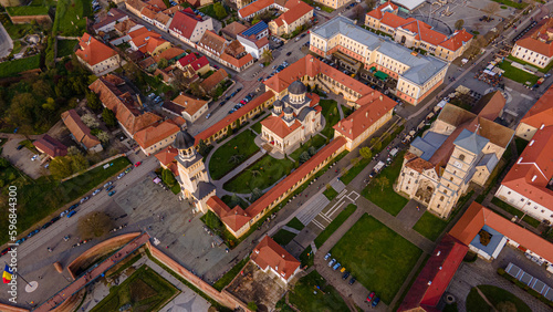 Aerial view of the Alba Carolina citadel located in Alba Iulia, Romania. In the photography can be seen the Reunification Cathedral from above, shot from a drone with camera tilted down for a top view