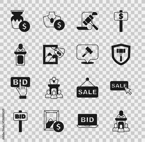 Set Auction auctioneer sells, Price tag with Sale, hammer, painting, ancient vase and icon. Vector